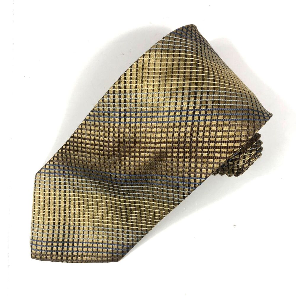 Foggia 100% Silk Hand Made Tie Geometric Grid Pattern Brown Blue Gold Long